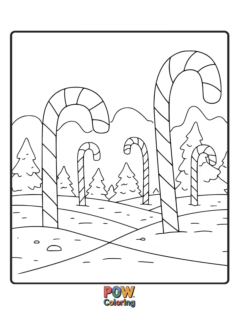 Free coloring page of A whimsical forest where the trees are made of giant candy canes. A sugary sweet adventure.