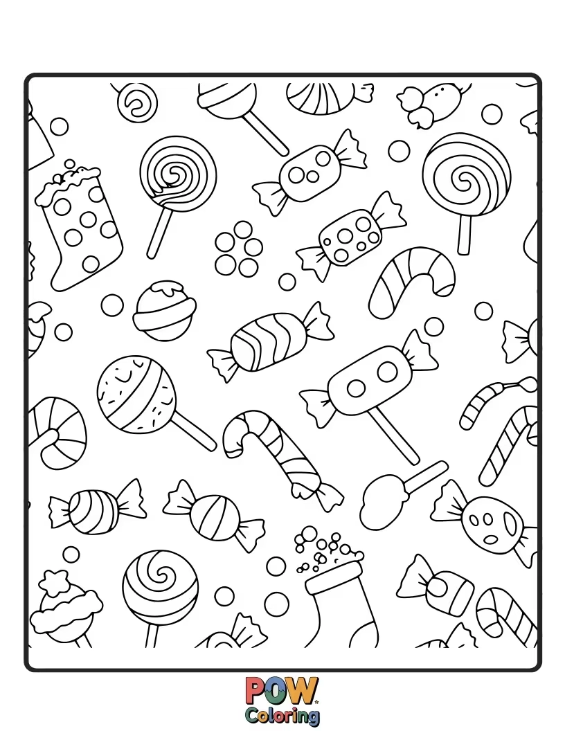Free coloring page of A festive pattern of various Christmas candies, from lollipops to peppermints. A sweet collection.