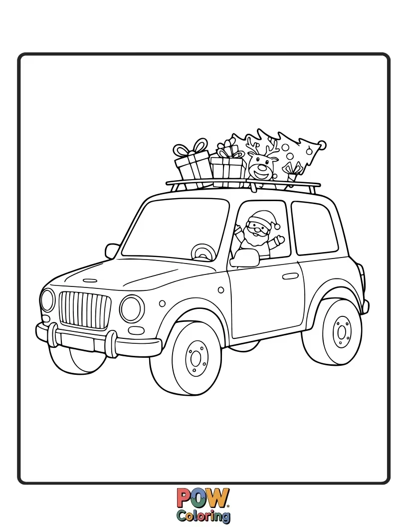 Free coloring page of A fun pattern featuring vintage cars decorated with Christmas trees and presents.