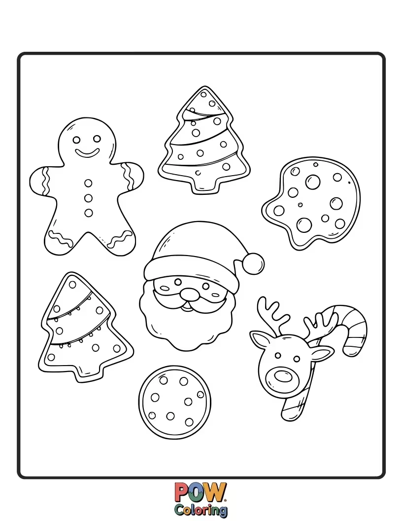 Free coloring page of A collection of festive Christmas cookie shapes like stars, trees, and gingerbread men, all ready to be decorated with color.