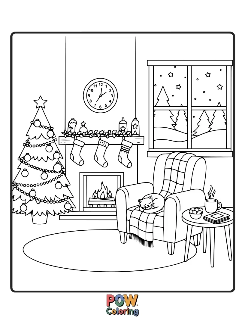 Free coloring page of Mickey share a sweet, cozy home by the Christmas tree in living room.