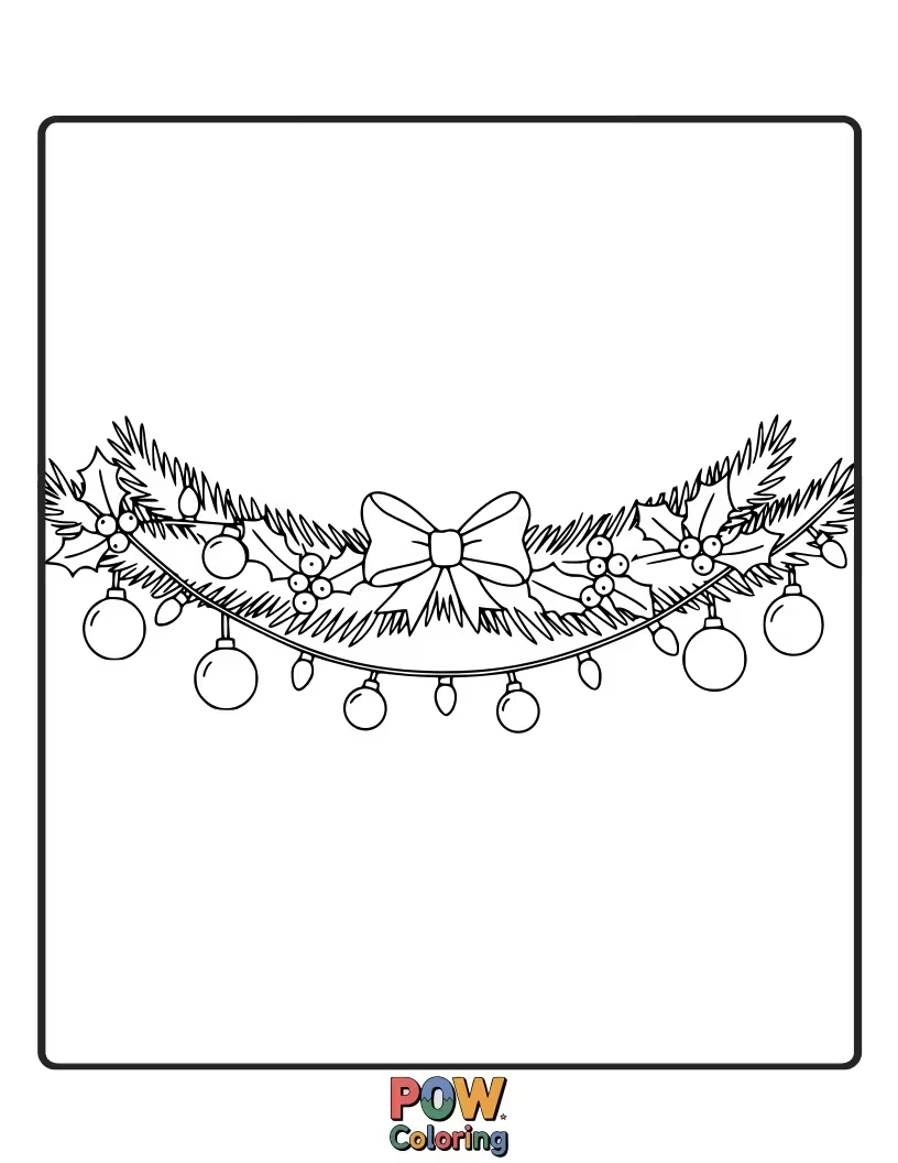 Free coloring page of A festive swag of Christmas garland, decorated with bows, pinecones, and berries. A classic holiday accent.