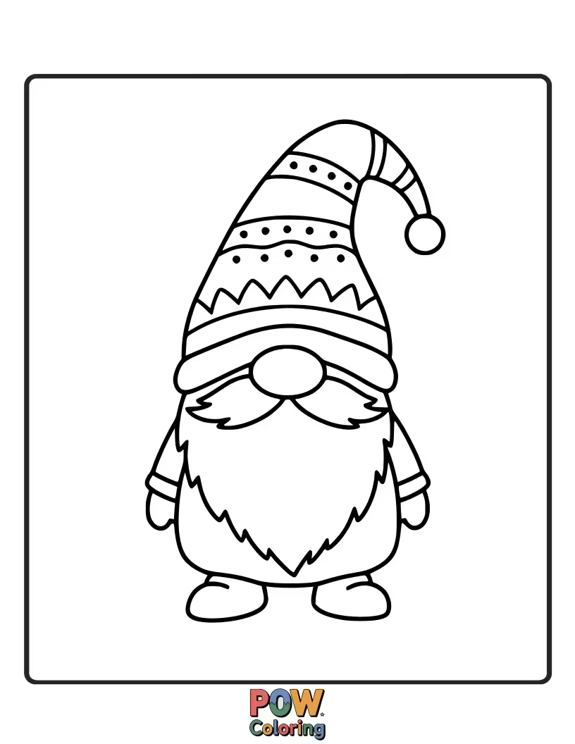 Free coloring page of A friendly Christmas gnome, with a pointed hat and a twinkling beard, ready to spread holiday cheer.