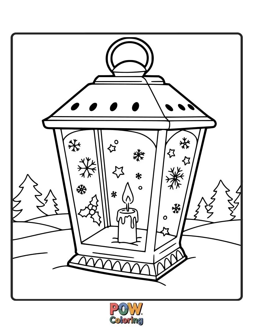 Free coloring page of A festive Christmas lantern casting a warm glow in the snowy night. A beacon of holiday light.