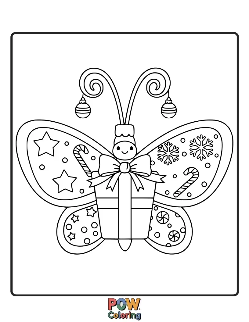 Free coloring page of A festive butterfly with shiny ornament wings, decorating a miniature Christmas tree with sparkling baubles. Ho ho ho!