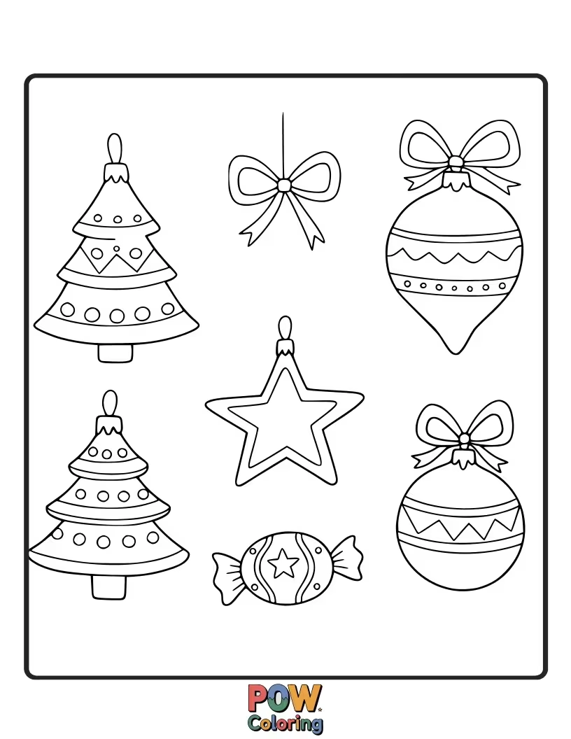 Free coloring page of A collection of diverse and beautifully designed Christmas ornaments, each waiting for a splash of color.