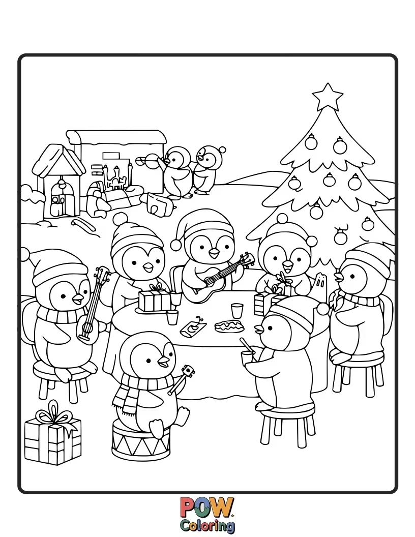 Free coloring page of A group of cheerful penguins having a Christmas party, complete with hats, scarves, and festive decorations.