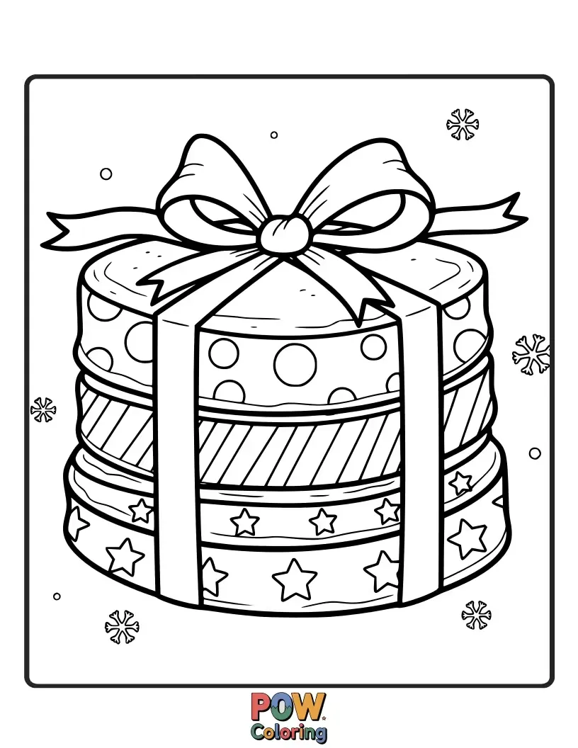 Free coloring page of A stack of pancakes beautifully wrapped like festive Christmas presents, adorned with bows and ribbons.