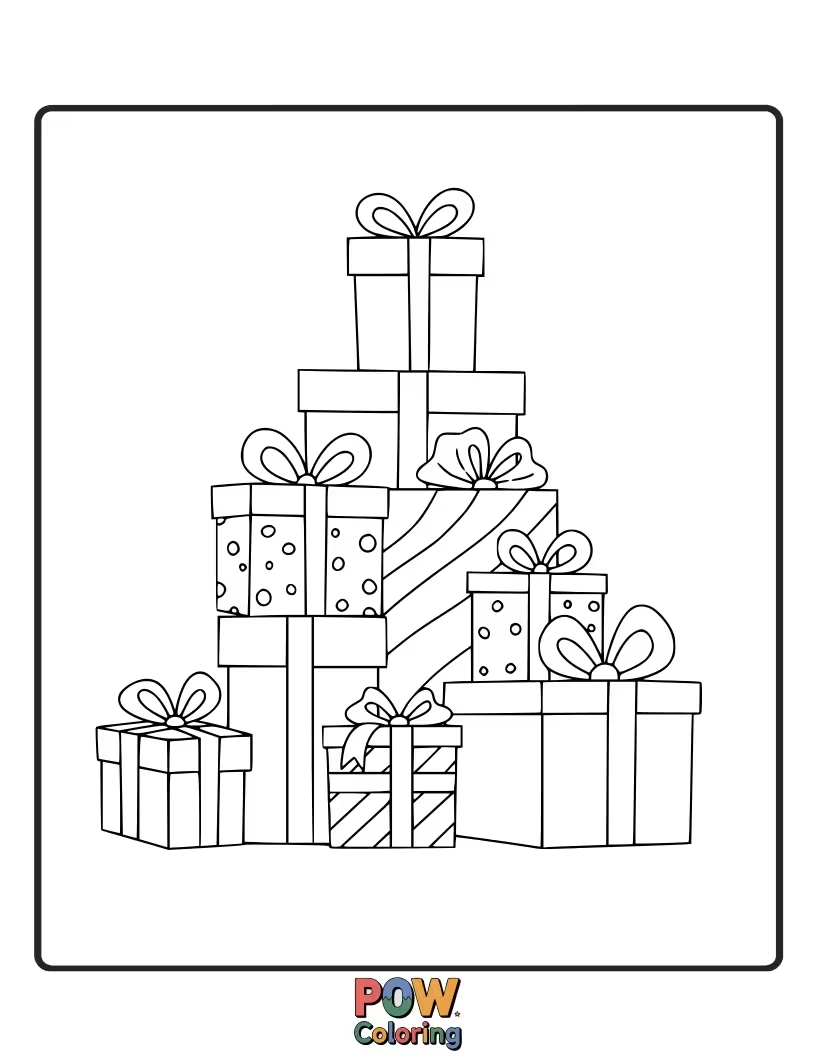 Free coloring page of A towering stack of beautifully wrapped Christmas presents, promising joy and surprise.