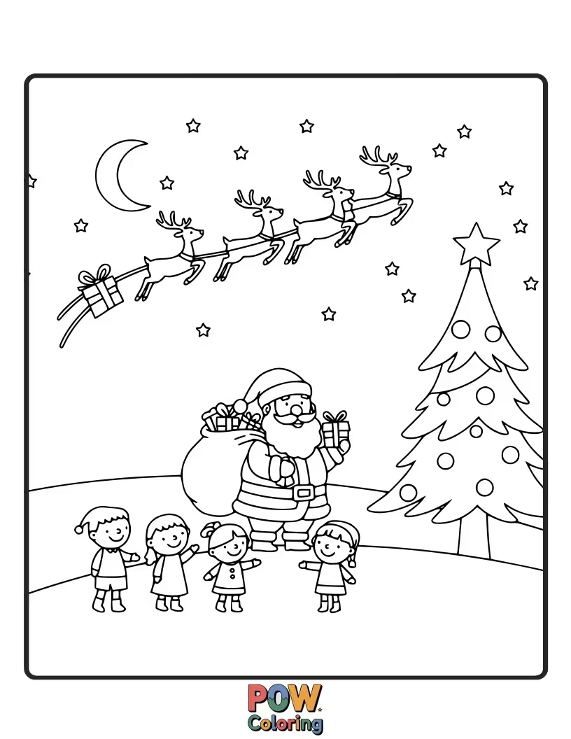 Free coloring page of A classic Christmas scene, like Santa flying or a village, rendered in silhouette for a bold and simple design.