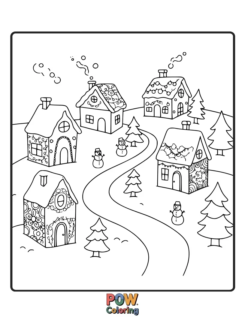 Free coloring page of A unique village where all the houses are shaped like snowflakes, nestled in a snowy landscape.