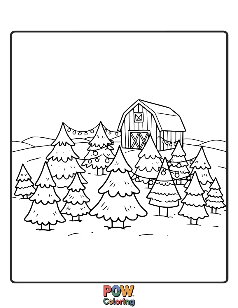 Free coloring page of Rows and rows of beautiful evergreen trees waiting to be chosen for Christmas. Snow-covered ground and a happy shopper.