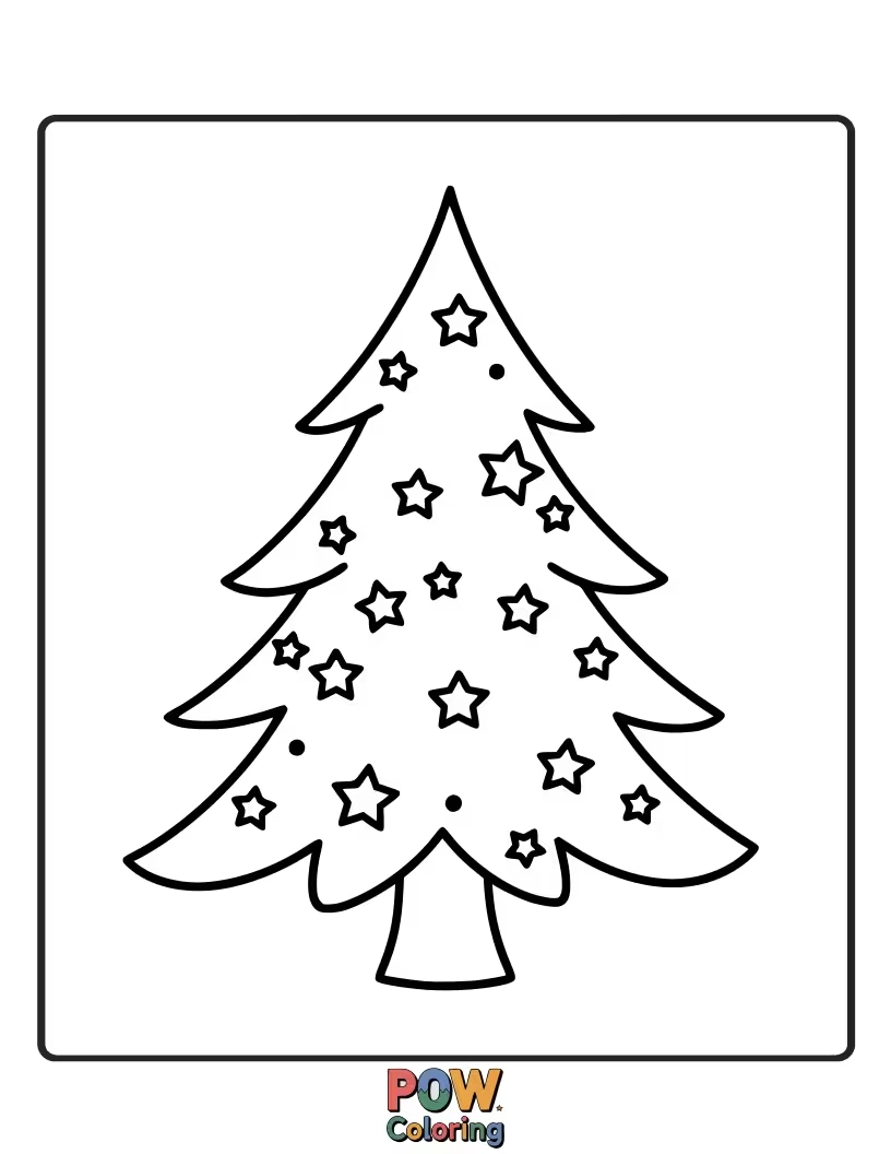 Free coloring page of A beautifully decorated Christmas tree adorned with colorful ornaments and bright stars.