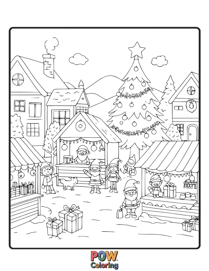 Free coloring page of A bustling Christmas market in a village square, filled with stalls, festive treats, and happy shoppers. Lively and detailed.