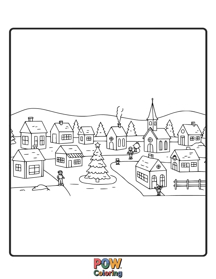 Free coloring page of A wide panoramic view of a charming Christmas village, showcasing its festive spirit from afar.
