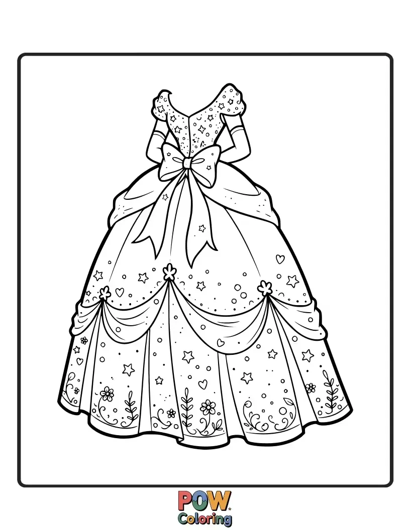 Free coloring page of A whimsical sketch of Cinderella's dream gown, filled with swirls, stars, and magical motifs.