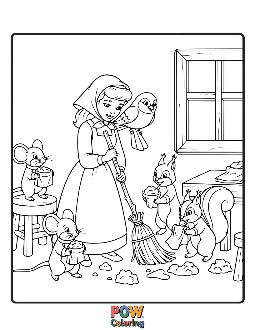 Free coloring page of A sweet depiction of Cinderella tidying up with a smile, surrounded by her helpful animal friends.