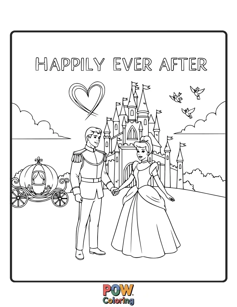 Free coloring page of Cinderella and Prince Charming sharing a loving embrace, signifying their happy ending.