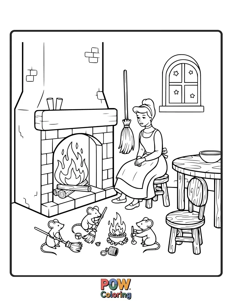 Free coloring page of A cozy scene of Cinderella by the fireplace, looking peaceful and content despite her chores.