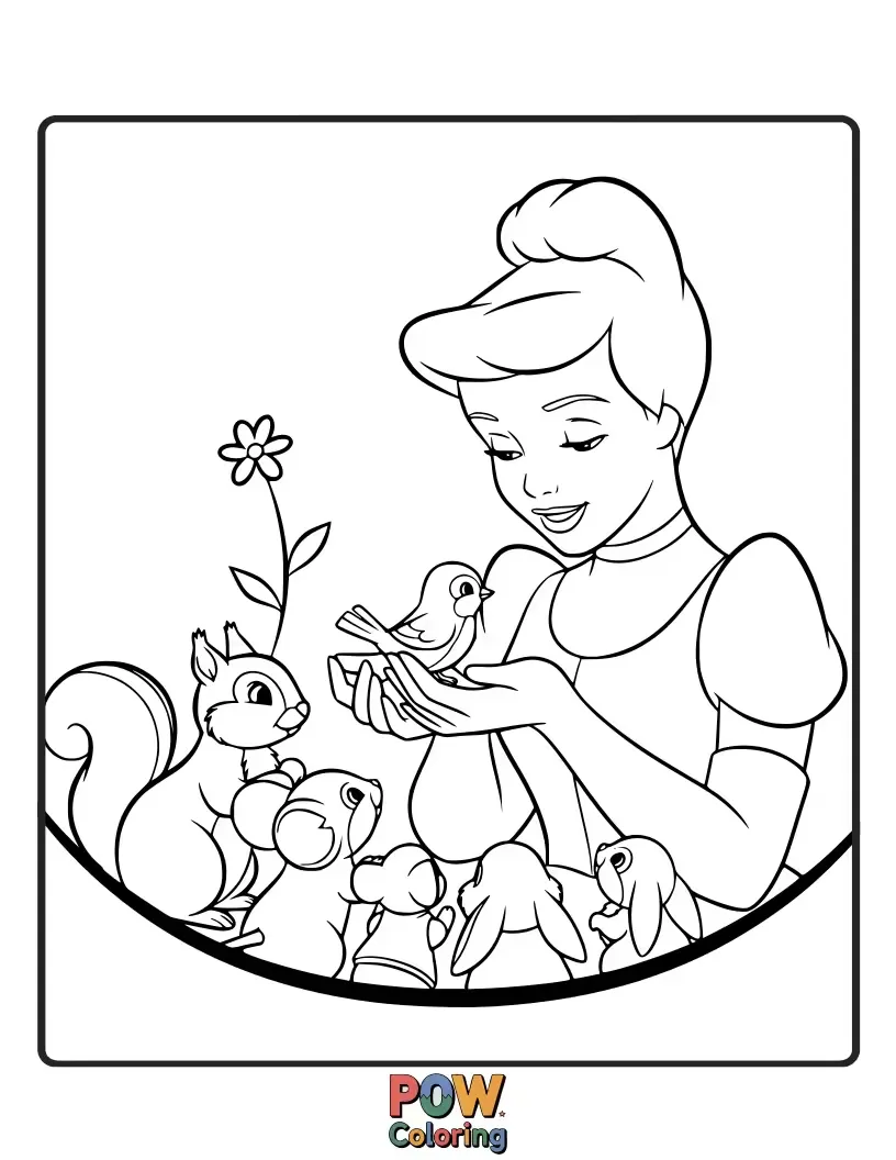 Free coloring page of A close-up of Cinderella's gentle face, radiating kindness and empathy towards an injured bird.