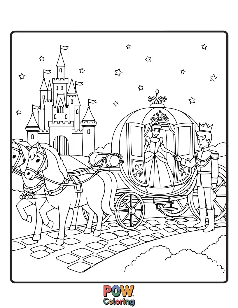 Free coloring page of Cinderella being warmly welcomed by the King and Queen as the new Princess.