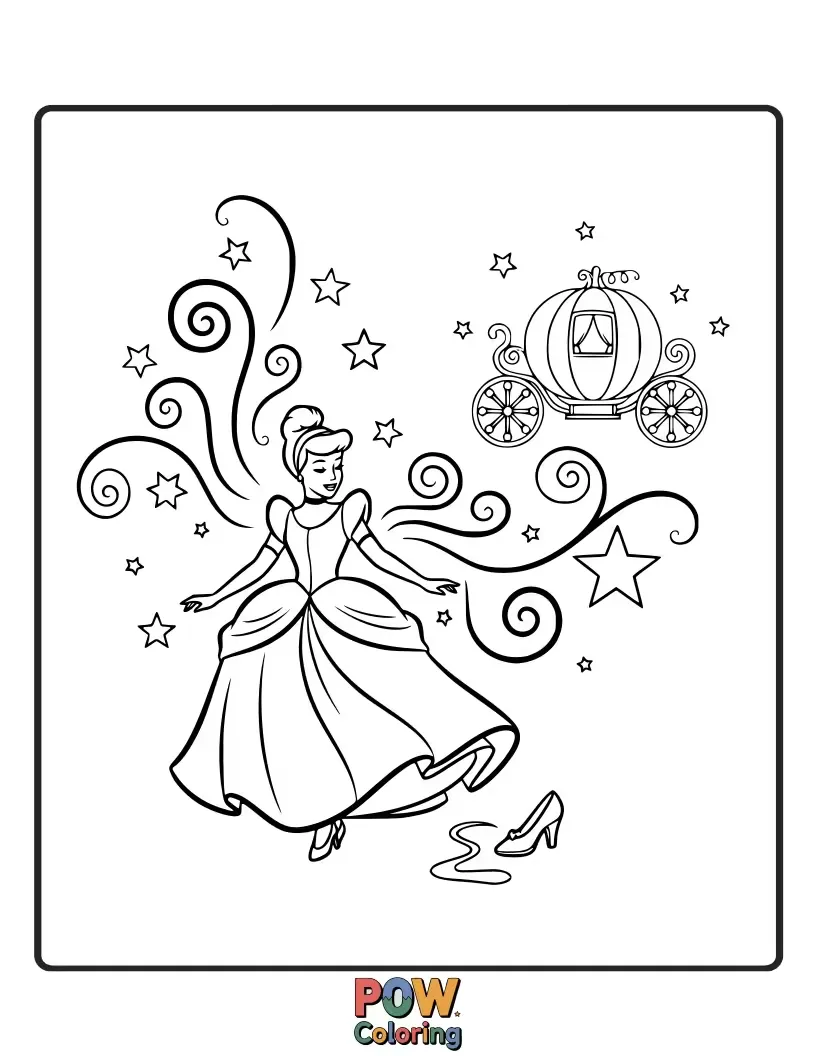 Free coloring page of Cinderella dreaming under starry skies, surrounded by magical sparkles and fireflies.