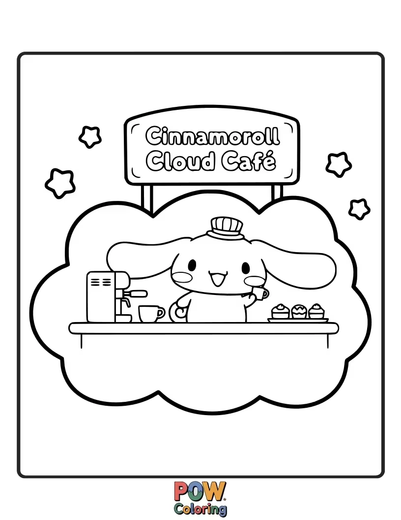 Free coloring page of Cinnamoroll serving delicious pastries at his delightful cloud-shaped cafe.