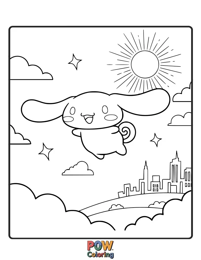 Free coloring page of Cinnamoroll soaring through the sky with his long ears catching the wind.