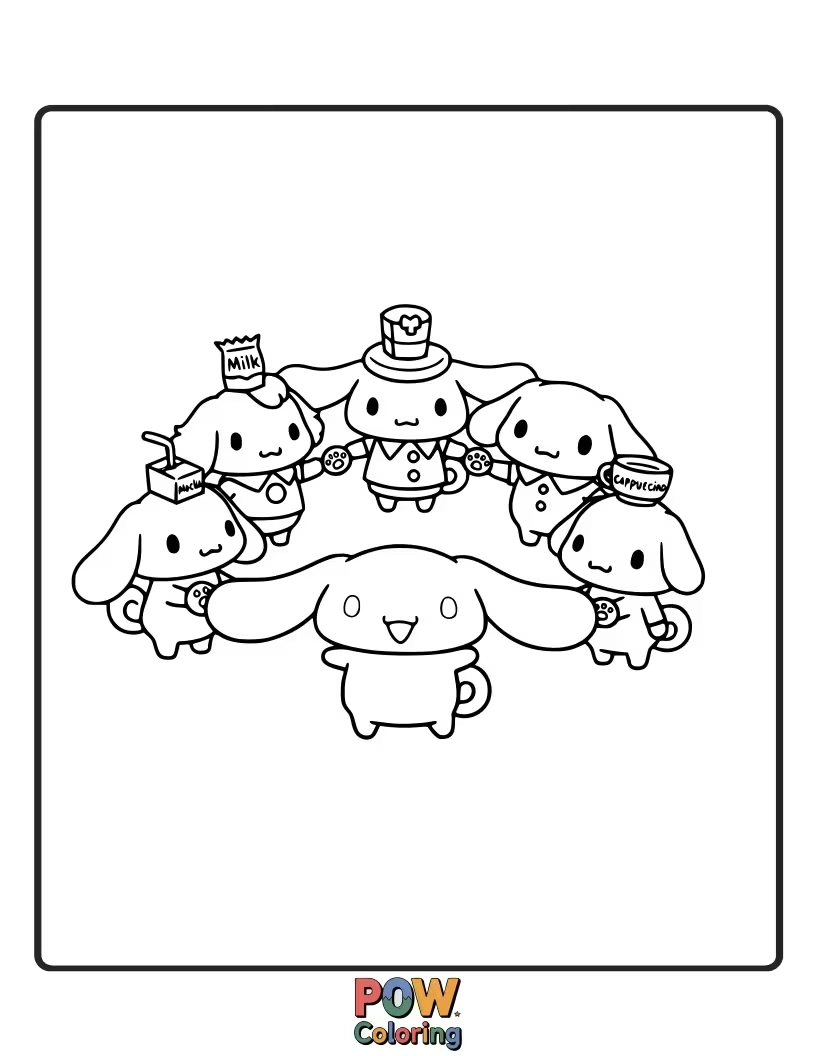 Free coloring page of Cinnamoroll and his friends sharing a joyful moment together.