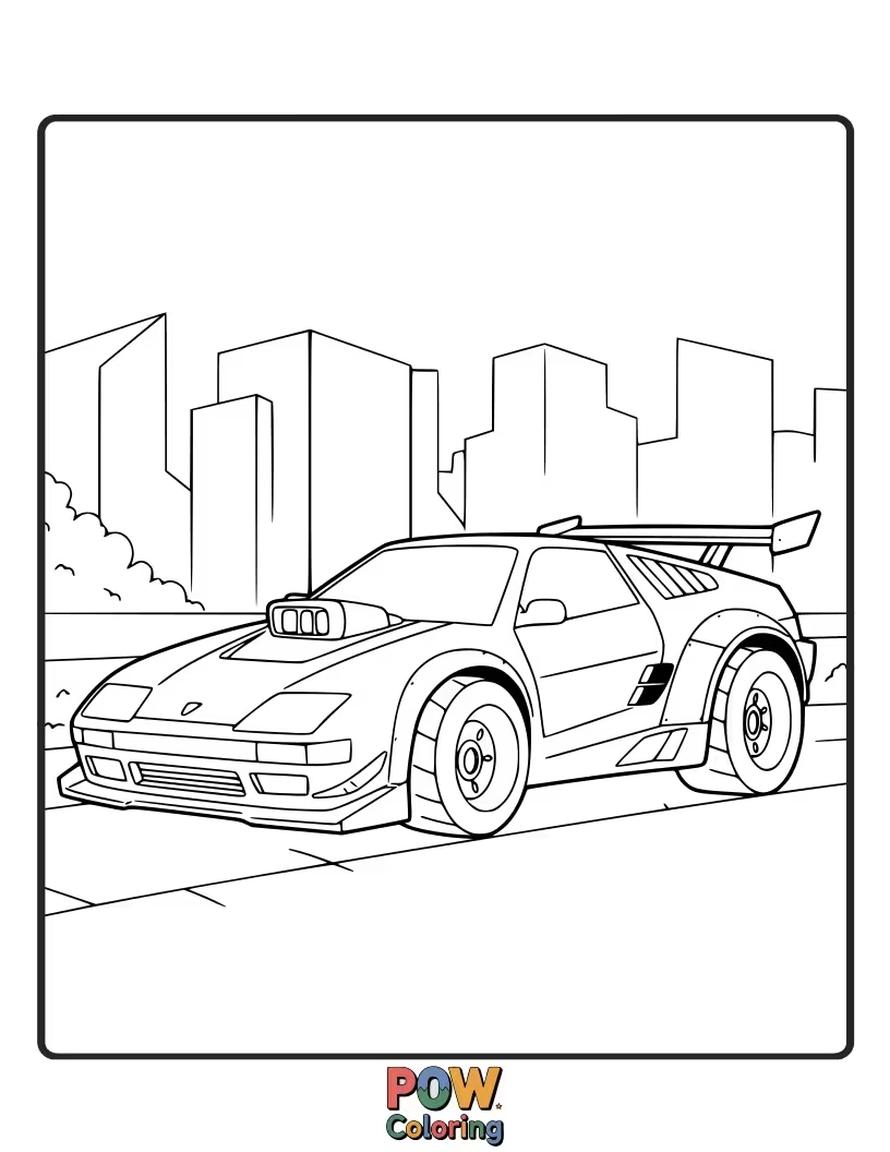 Free coloring page of A stylish urban race car zipping through city streets, dodging skyscrapers and traffic lights.