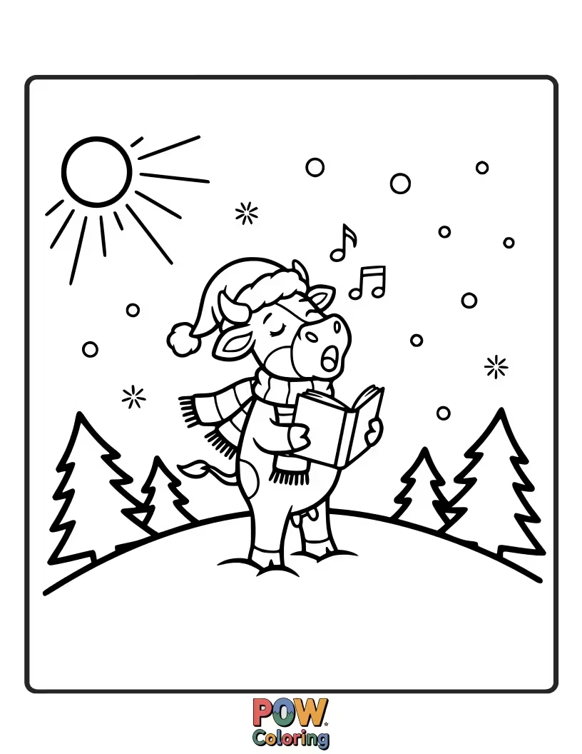 Free coloring page of Clarabelle Cow belts out Christmas carols with a joyful expression and a festive scarf.