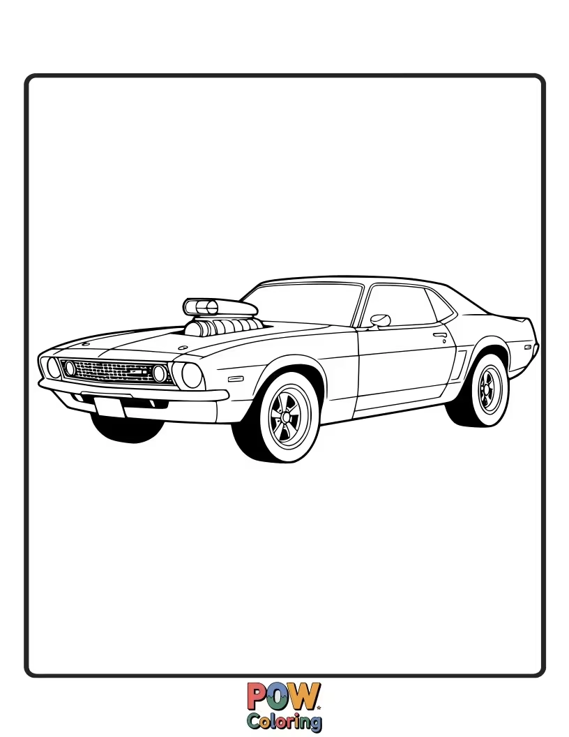 Free coloring page of A powerful, vintage muscle car roaring down the track, with bold lines and a retro feel.