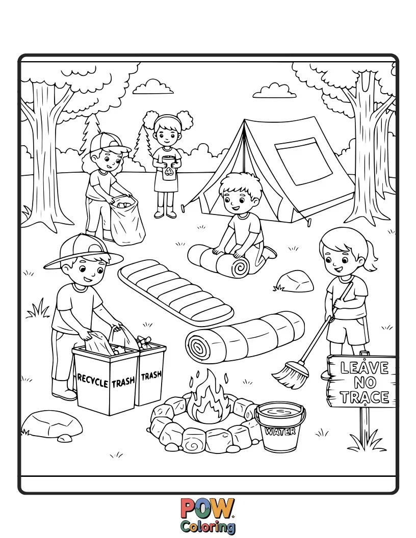 Free coloring page of Campers cleaning up their site, putting trash in a bag. Emphasize leaving no trace in nature.