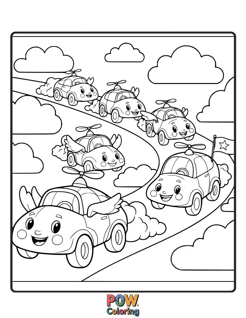 Free coloring page of Fluffy cloud-shaped cars floating gently through the sky, leaving trails of soft color behind them.