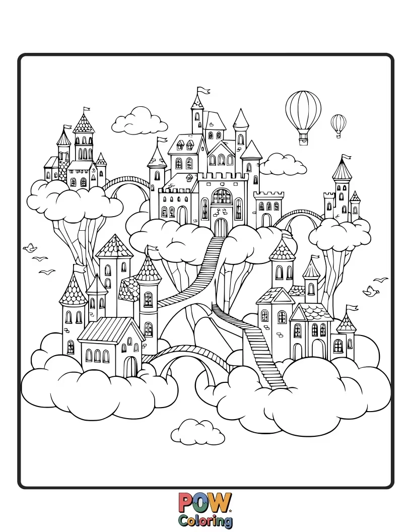 Free coloring page of Majestic castles and towers nestled among fluffy clouds. A breathtaking and imaginative royal cityscape.