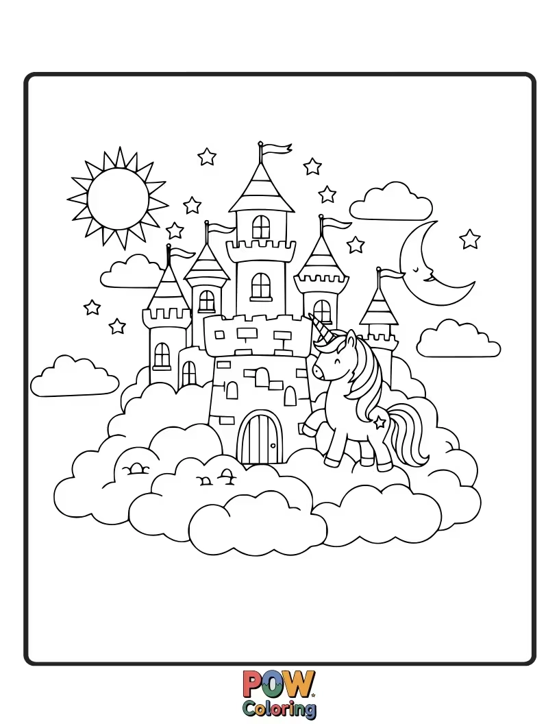 Free coloring page of Unicorn soaring towards a magnificent castle built entirely of clouds.