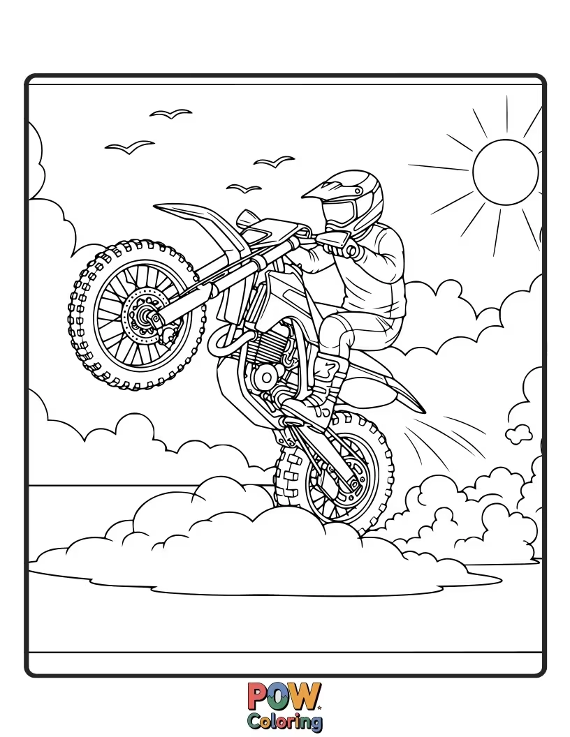 Free coloring page of A dirt bike floating and jumping between fluffy clouds, with a serene sky above.