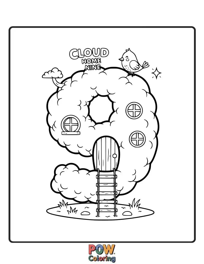 Free coloring page of A fluffy cloud house with rainbow steps leading up to a welcoming door. Floating in a serene sky.