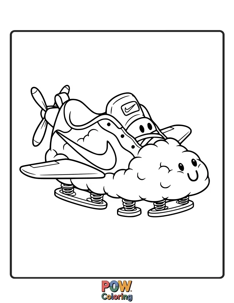 Free coloring page of A fluffy Nike shoe with wings, soaring through a sky filled with soft clouds and happy sunbeams.