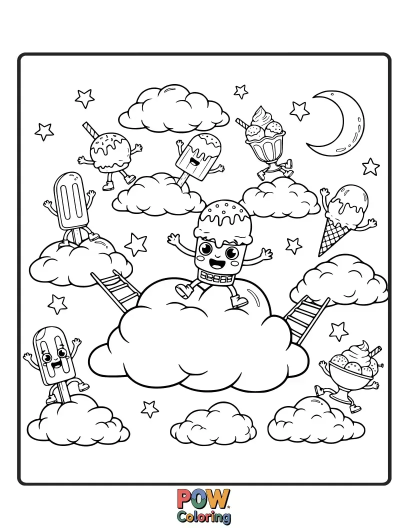 Free coloring page of An ice cream cone bouncing gleefully from one fluffy cloud to another in a blue sky.