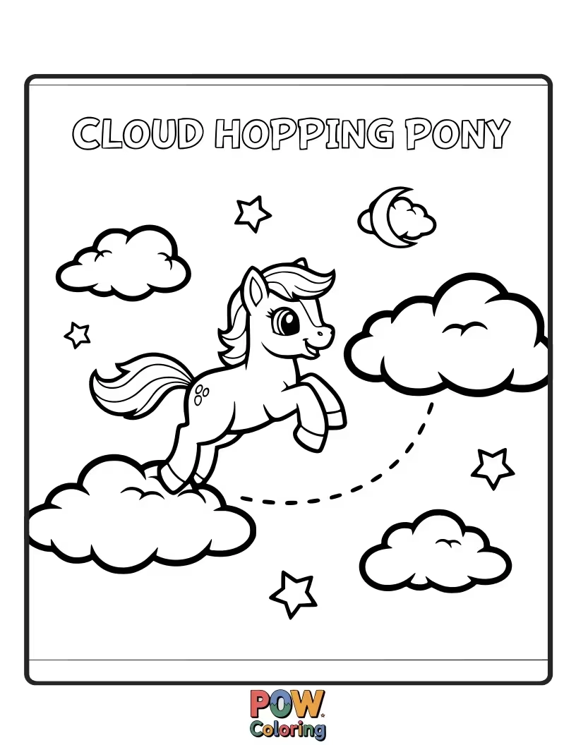 Free coloring page of A cheerful pony leaping joyfully from one fluffy cloud to another.