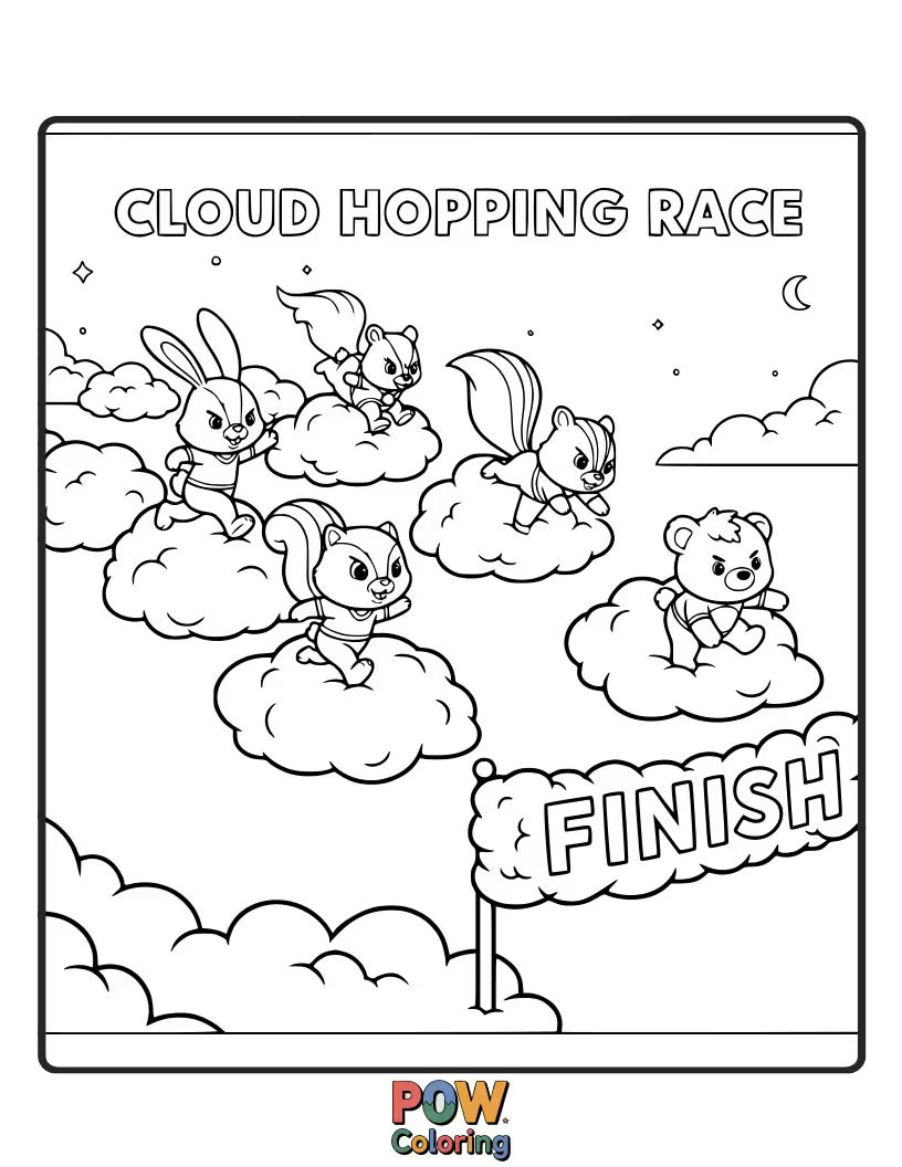 Free coloring page of Adorably puffy clouds are gently hopping from one fluffy cloud to another in a whimsical race across the sky.