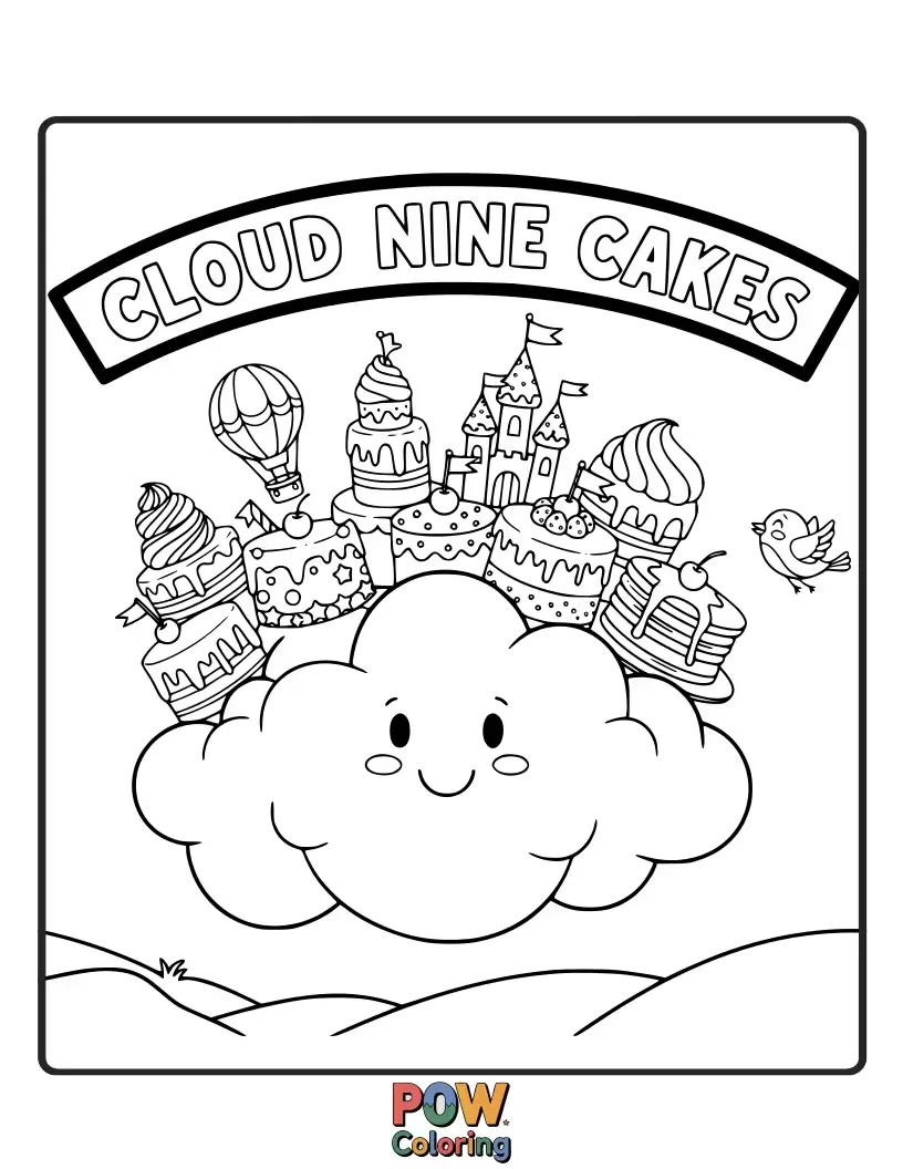 Free coloring page of Fluffy, dream-like cakes floating on clouds, decorated with stars and crescent moons for a serene scene.