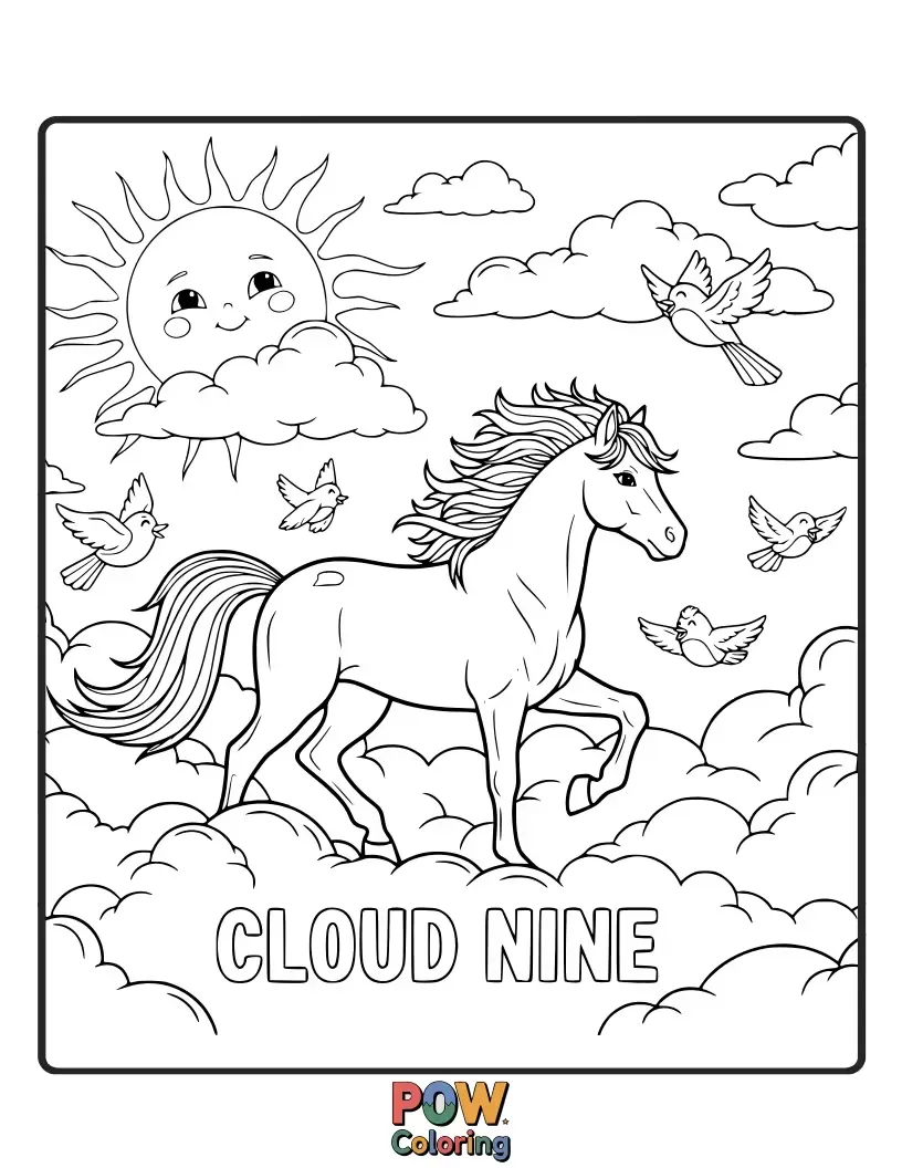 Free coloring page of A fluffy horse with wings, soaring through fluffy clouds, leaving a trail of sparkling stardust.