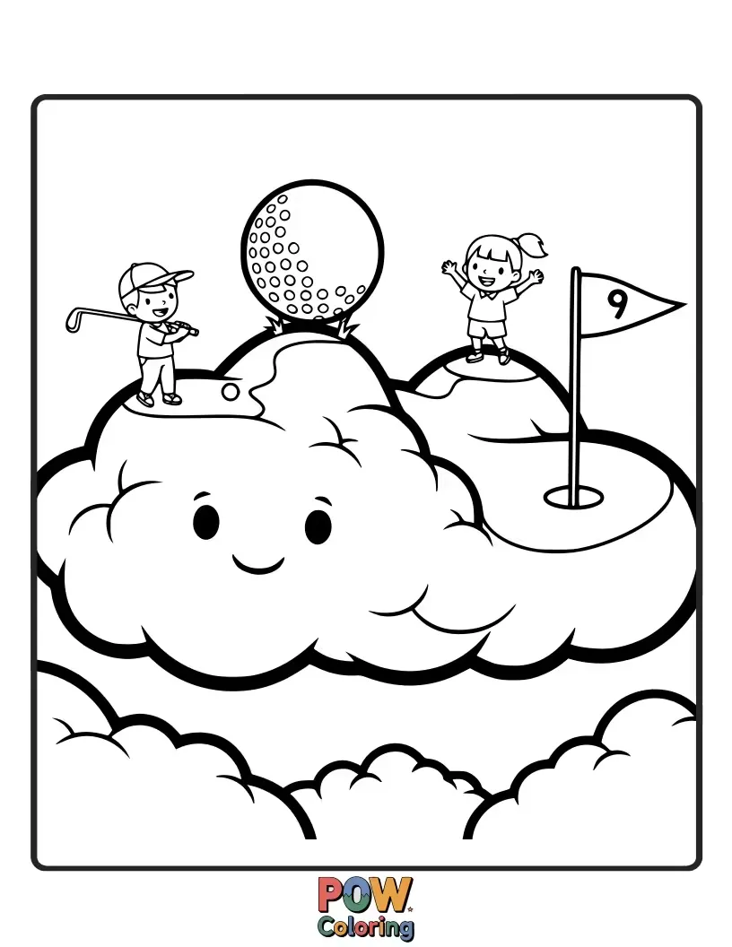 Free coloring page of A fluffy cloud shaped like a golf course, with tiny angels playing golf amongst the stars.