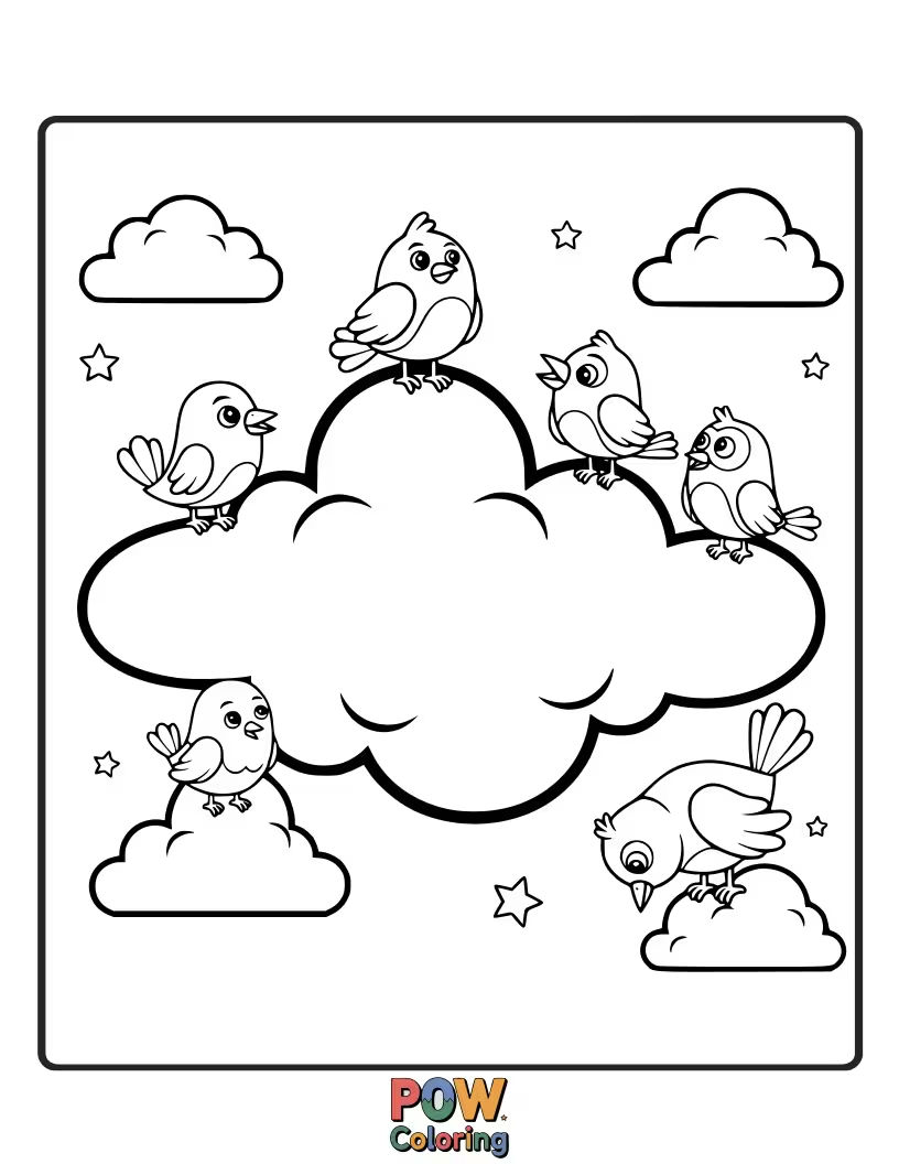 Free coloring page of Cute birds perched on fluffy, dream-like clouds, enjoying a serene, heavenly view.
