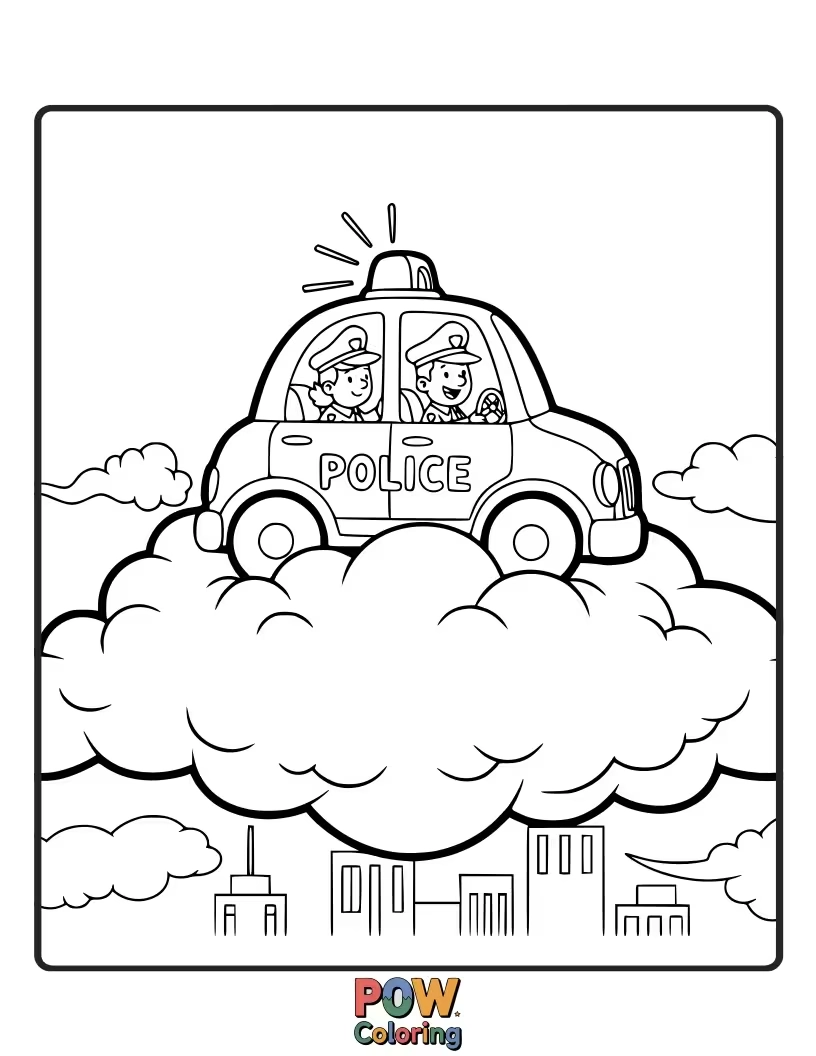Free coloring page of Cloud riding police car, cruising on fluffy clouds, the ultimate sky patrol, keeping the heavens safe.