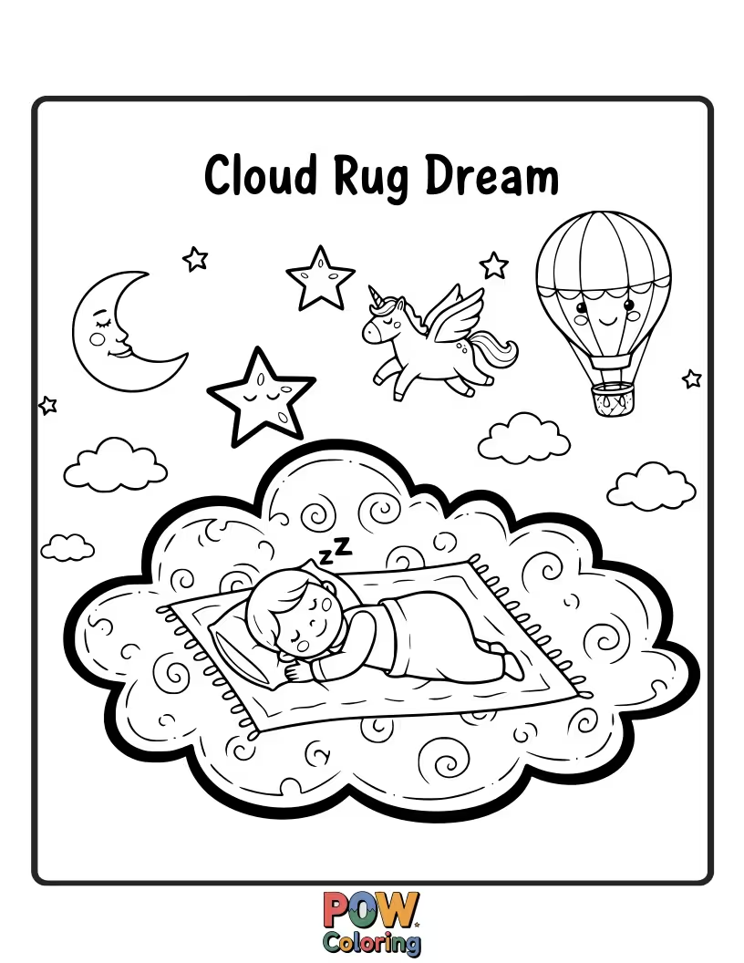 Free coloring page of A fluffy, cloud-shaped rug inviting a peaceful coloring experience. Imagine the softest sky-inspired design to color.