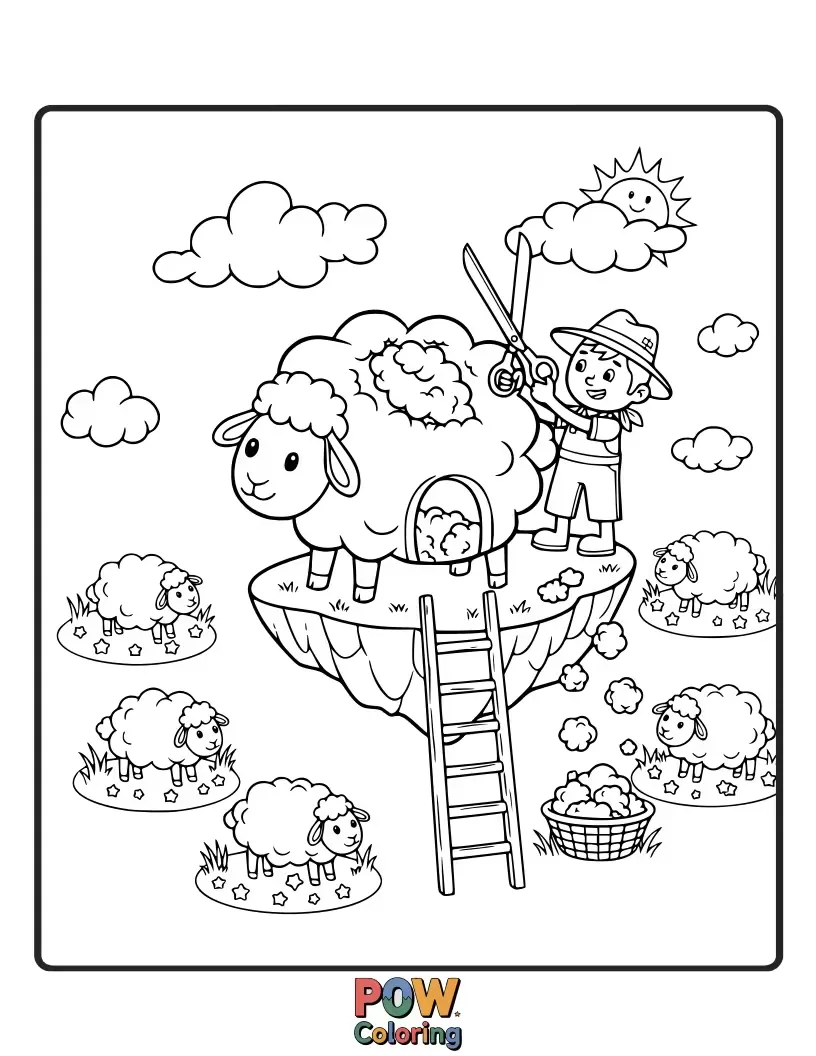 Free coloring page of Sheep that look like fluffy clouds grazing on a farm with pastel skies.