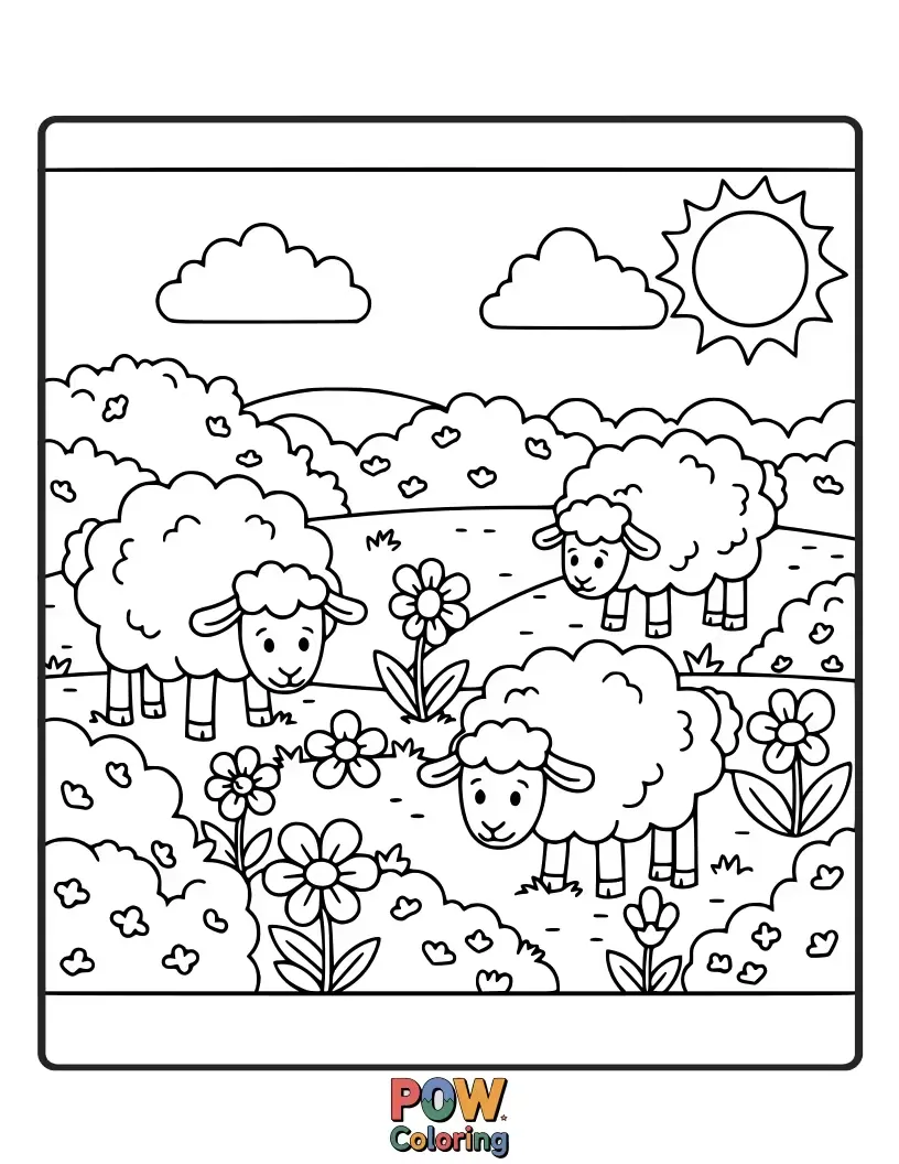Free coloring page of Fluffy cloud sheep gently grazing amongst soft, pillowy flowers in a dreamy and serene garden landscape.